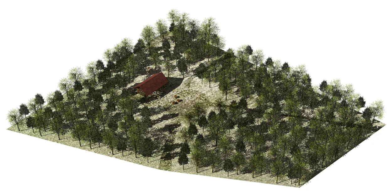 An top down artists impression of the forest shelter