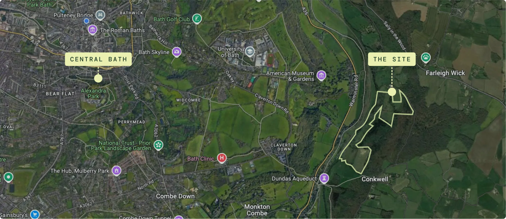 A map of where the Co-forest: beech site is in relation to Bath.